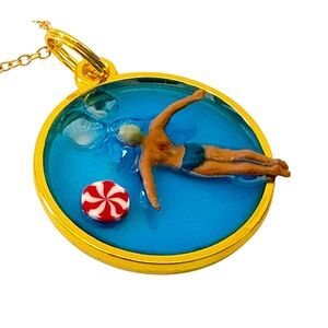 3D Blue and Gold Swimmer Pendant Necklace Handmade Swimming / Pool Scene